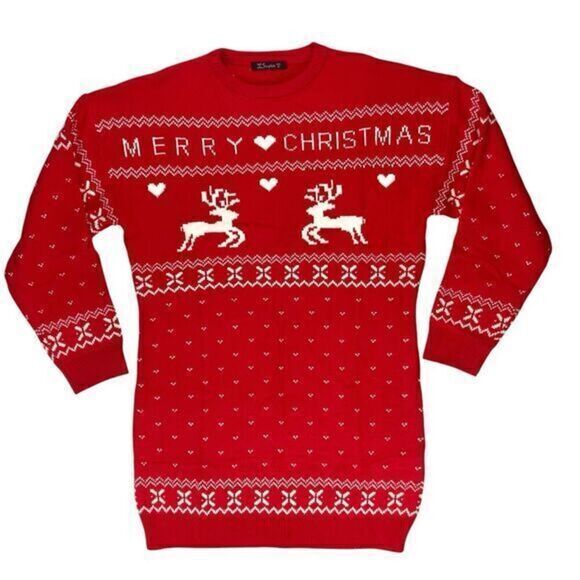 Simplee Christmas Sweater Dress Womens Size Medium Red White Reindeer Hearts - Picture 2 of 13